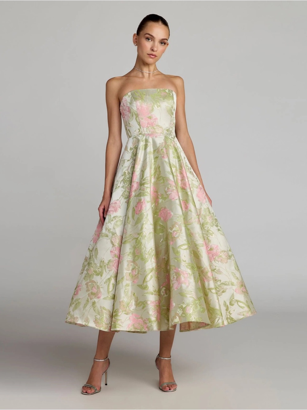 Mac Duggal 69147 Green Floral Strapless A-Line Midi Dress Size 14 NWT